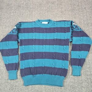 Cape Isle Knitters Sweater Mens Large Blue‎ Cable Knit Stripe Cotton Pullover